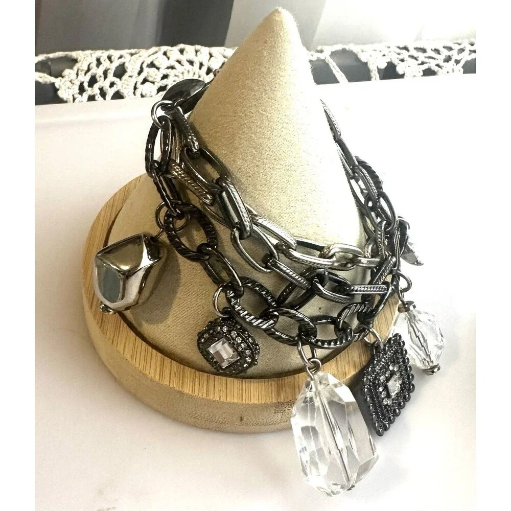 Gunmetal Multi Strand Charm Bracelet Crystal Rhinestone Chunky Statement 7